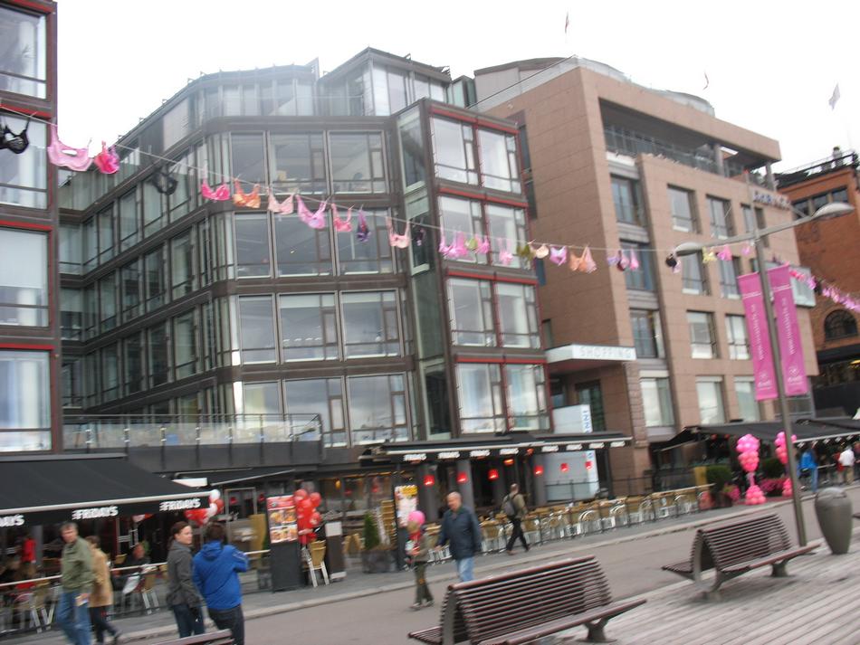 Oslo - Aker Brygge, w tle rartusz. W październiku odbywa się tu marsz walki z rakiem piersi.
